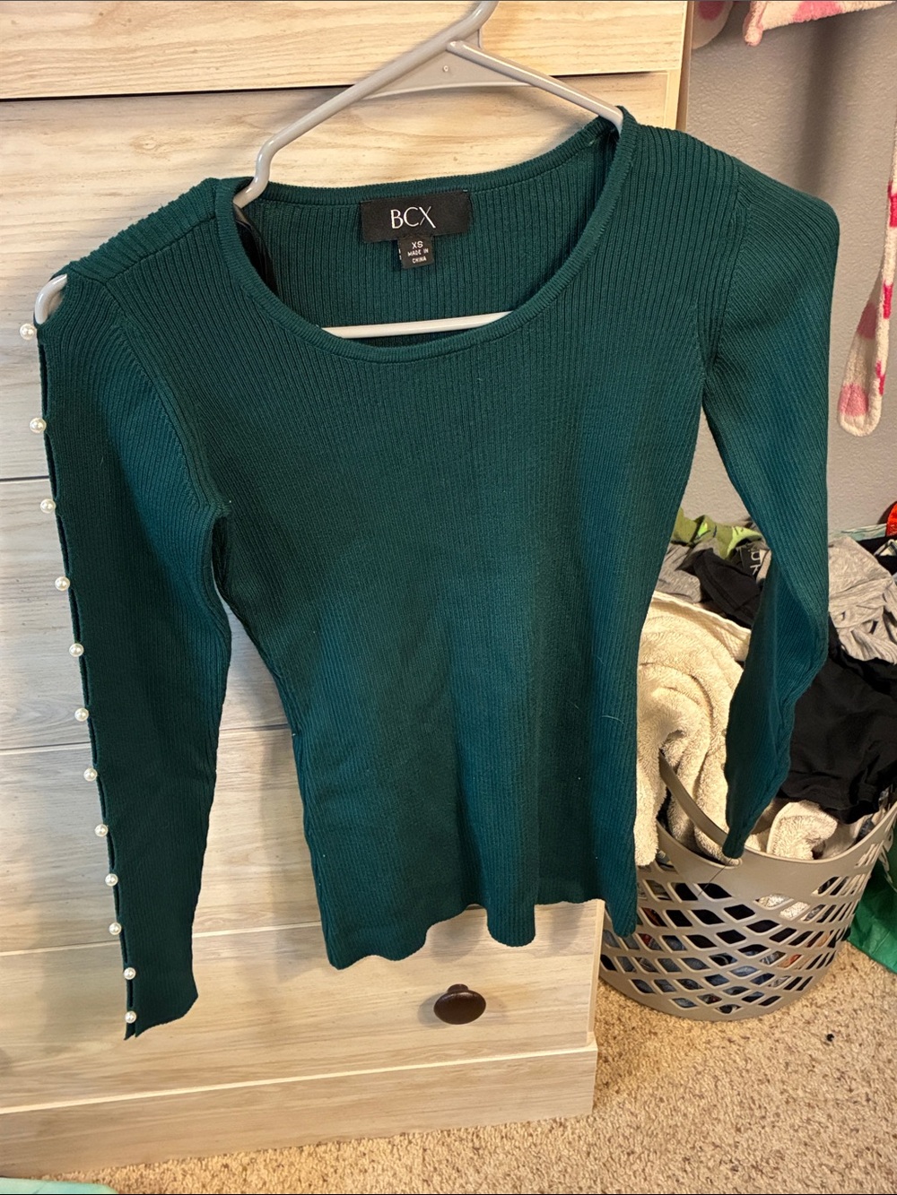 BCX Teal Ribbed Knit Top with Pearl-Accent Sleeve